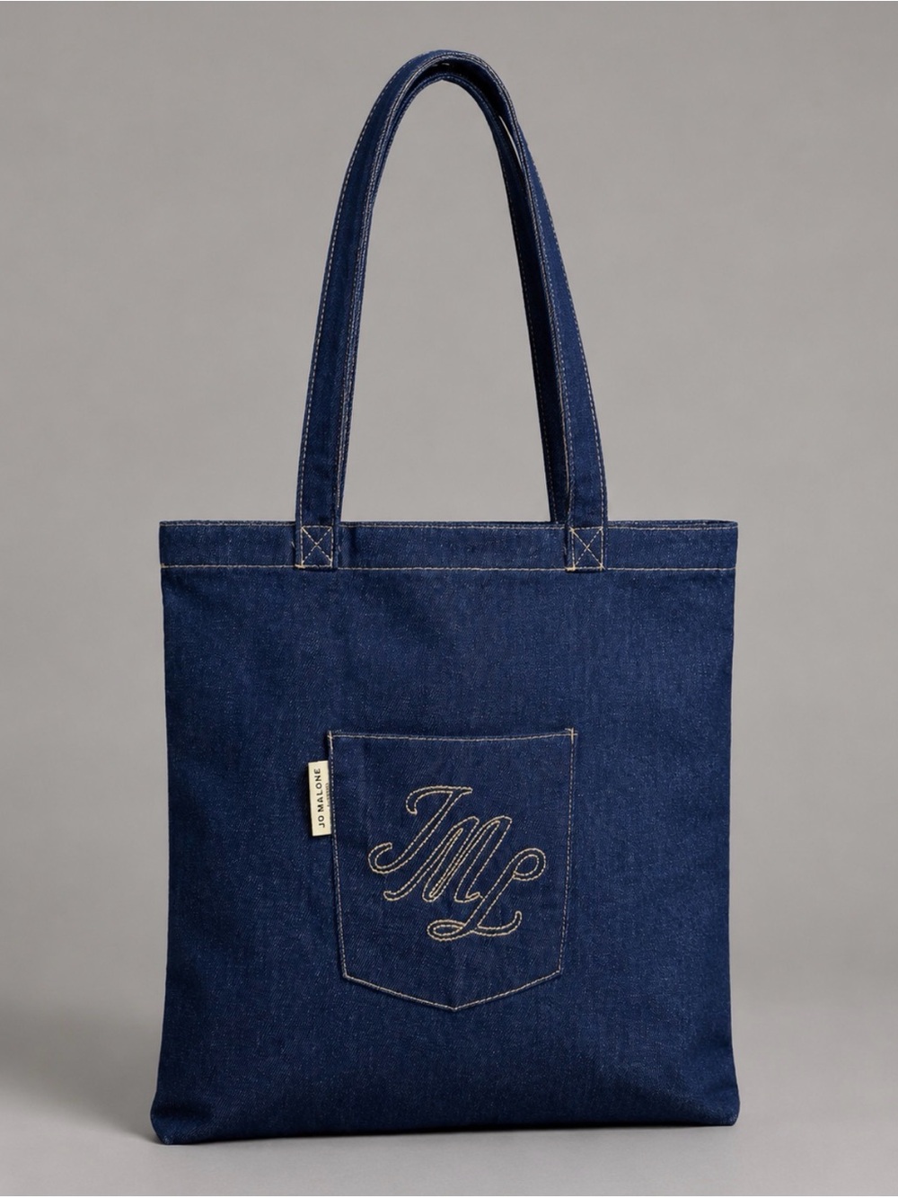 (NWOT) JO MALONE • Dark Blue Denim Tote Bag with Front Embroidered Pocket, OS